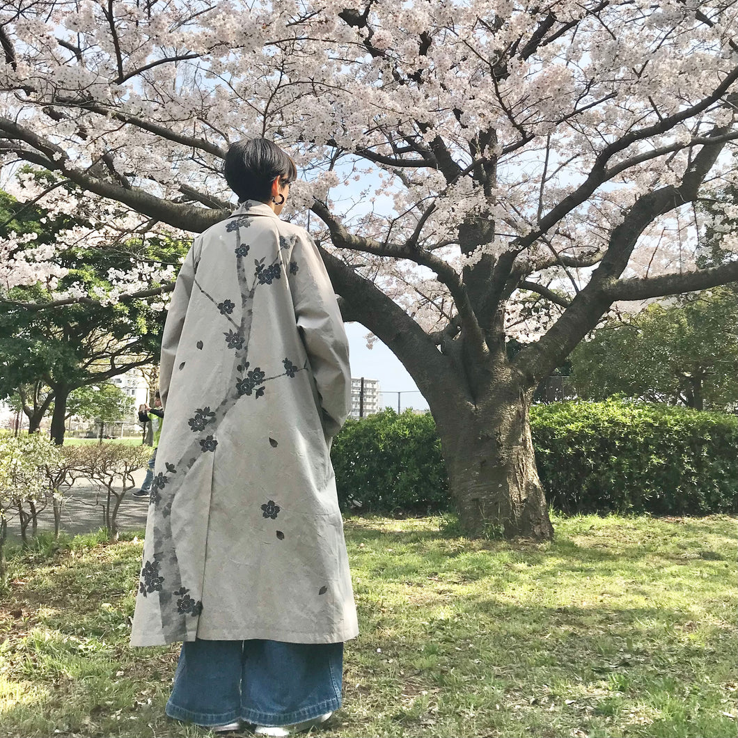 トレンチコートに桜の大木